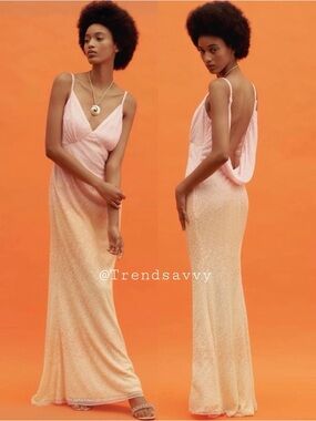 Anthropologie Mac Duggal Ombre Sequin Open Back Gown Pink Maxi Dress Size 8 NWT